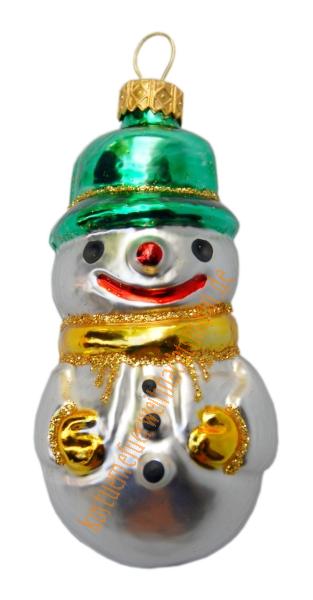 Weihnachtskugel Schneemann mit Hut, Grün-golden